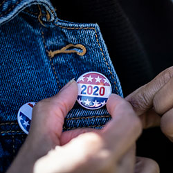 2020 Election button pinned to denim jacket